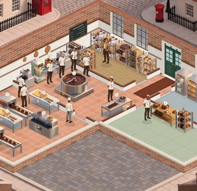 The kitchen in the game, with chocolatiers at their stations