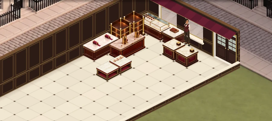 The shop floor in the game, with marble counters and a shop assistant